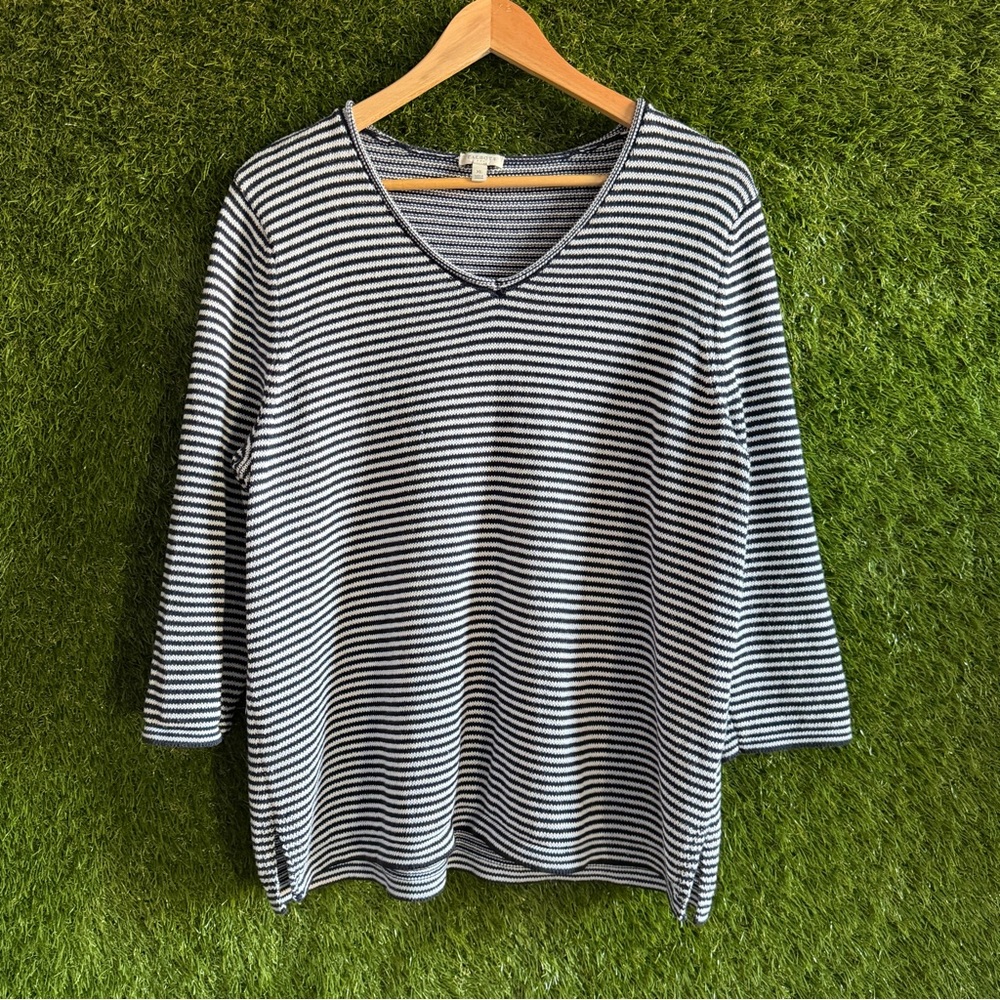 Talbots Striped V-Neck 3/4 Sleeve Sweater Nautical